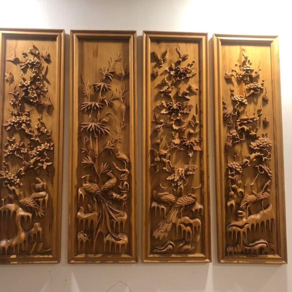 bộ tranh tứ quý gỗ hương cũ để mộc đục kênh bong